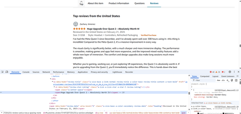 Amazon Review browser inspect elements